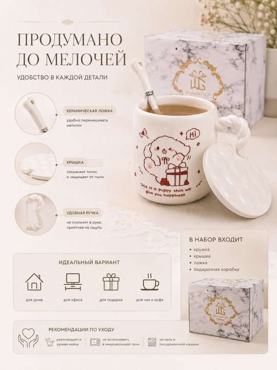 Подарочный набор кружка с крышкой и ложкой, керамическая кружка, подарочная коробка