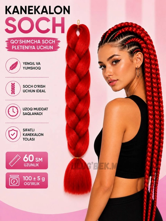 Kanekalon soch 60 sm, o‘rim uchun sun’iy soch, qo‘shimcha soch, 100 g - 