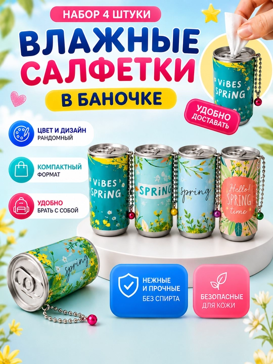 Влажные салфетки мини дорожные компактные 4 шт - 
