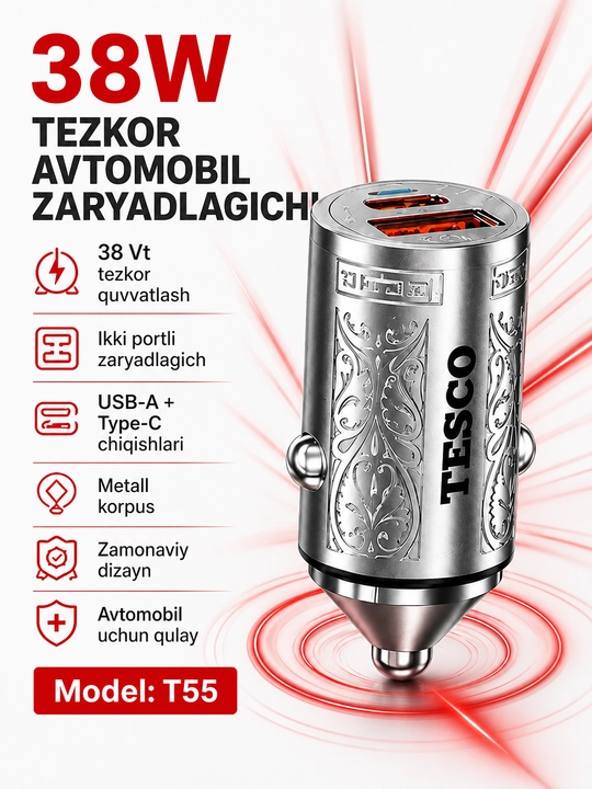 TESCO avtomobil quvvatlagichi (38W/12 V) telefonlar uchun o‘ta tezkor va 3.1A quvvatlash