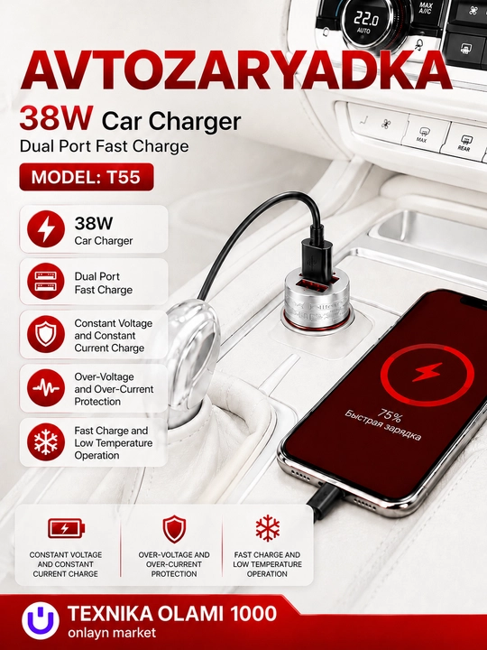 TESCO avtomobil quvvatlagichi (38W/12 V) telefonlar uchun o‘ta tezkor va 3.1A quvvatlash