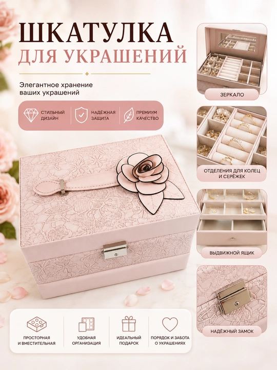 Шкатулка для украшений, подарок женщине, органайзер для колец серёжек браслетов