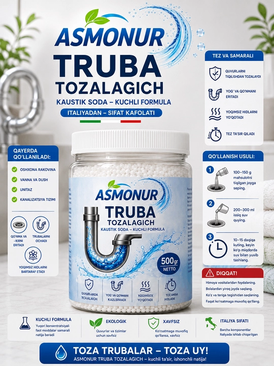 ASMONUR Kausticheskaya soda,quvurlar tiqilishini ochish va tozalash uchun vosita - 
