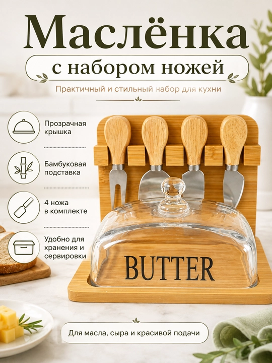 Маслёнка с вилкой и миниатюрными ножами для приготовления бутербродов - 