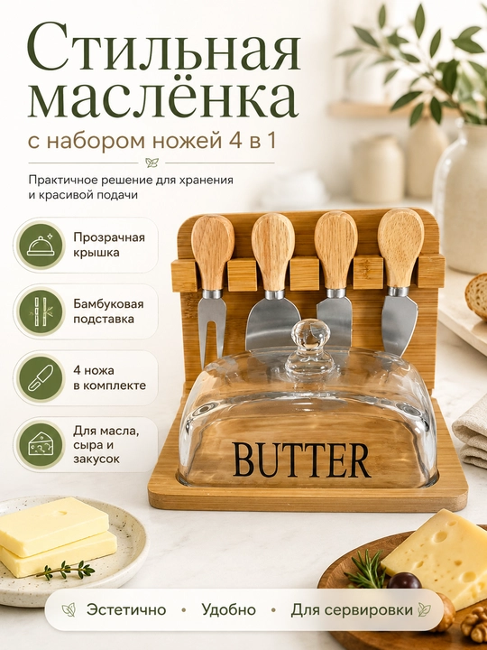 Маслёнка с вилкой и миниатюрными ножами для приготовления бутербродов