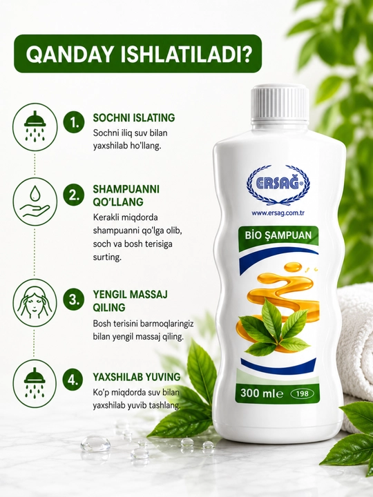 ERSAG Bio shampuni 300 ml - sochlarni parvarishlash, yaltiratish va mustahkamlash uchun