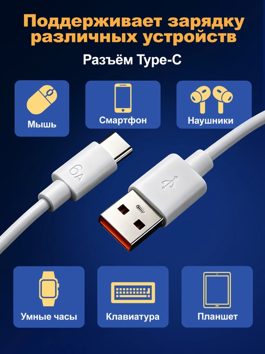 Type-C-USB kabeli bilan 120 Vt, 6A quvvatga ega tezkor quvvatlash qurilmasi