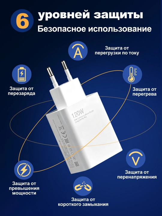 Type-C-USB kabeli bilan 120 Vt, 6A quvvatga ega tezkor quvvatlash qurilmasi