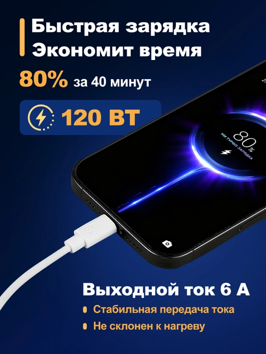 Type-C-USB kabeli bilan 120 Vt, 6A quvvatga ega tezkor quvvatlash qurilmasi