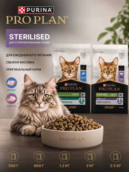 Сухой корм PRO PLAN Sterilised, два вкуса - кролик или индейка для стерилизованных кошек - 