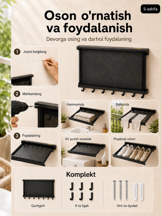 Devorga o'rnatiladigan ilgakli tutqichlar hammom uchun yig'iladigan