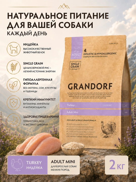Grandorf kurka bilan quruq ovqat kichik zotli itlar uchun, 3 kg - 
