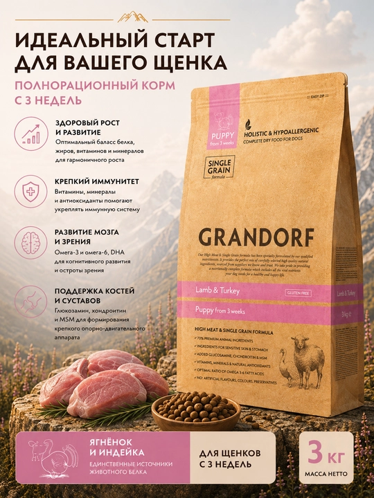 Grandorf Kuchukchalar uchun qo‘zi va kurka go‘shtli quruq ozuqasi, 3 kg - 