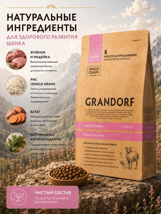 Grandorf Kuchukchalar uchun qo‘zi va kurka go‘shtli quruq ozuqasi, 3 kg