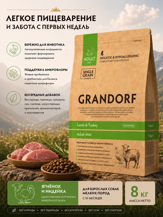 Grandorf сухой корм ягненок с индейкой, для малых пород, 8 кг - 