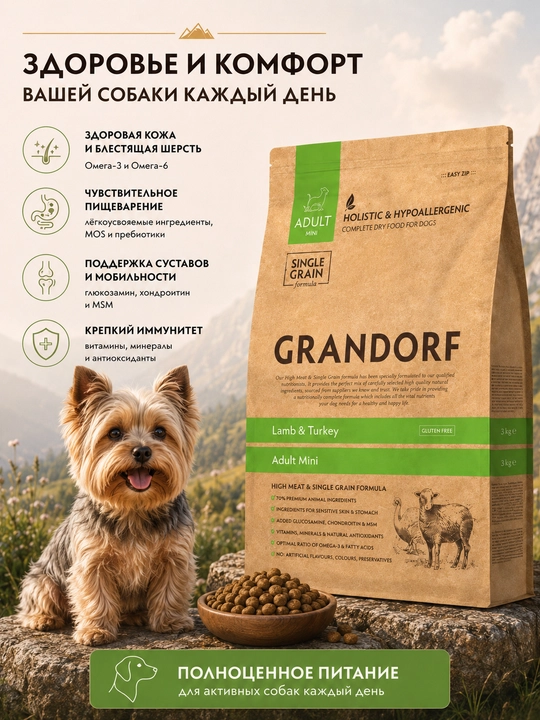 Grandorf qo'y va kurka goshti bilan quruq ovqati kichik zotli itlar uchun, 8 kg