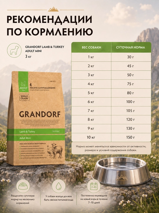 Grandorf qo'y va kurka goshti bilan quruq ovqati kichik zotli itlar uchun, 8 kg
