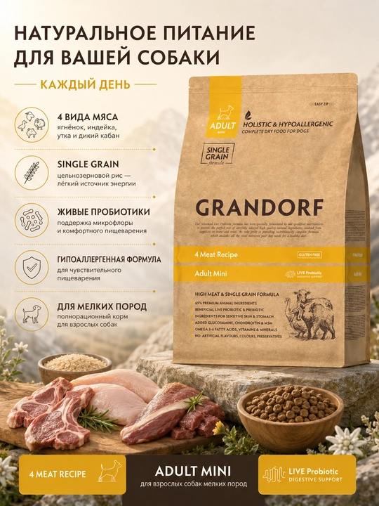 Grandorf  сухой корм, 4 вида мяса, для малых пород собак, 3 кг - 