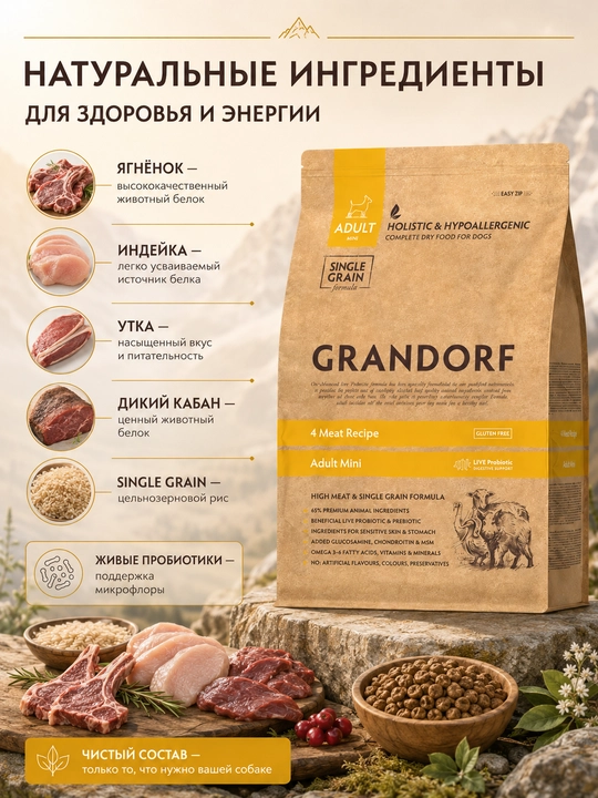 Grandorf  сухой корм, 4 вида мяса, для малых пород собак, 3 кг