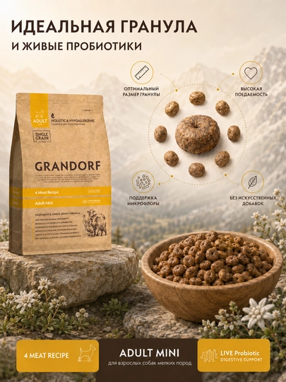 Grandorf  сухой корм, 4 вида мяса, для малых пород собак, 3 кг