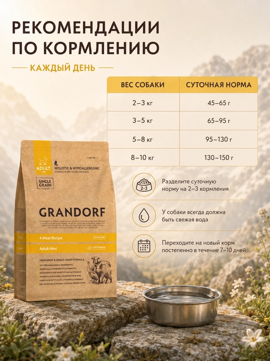 Grandorf  сухой корм, 4 вида мяса, для малых пород собак, 3 кг