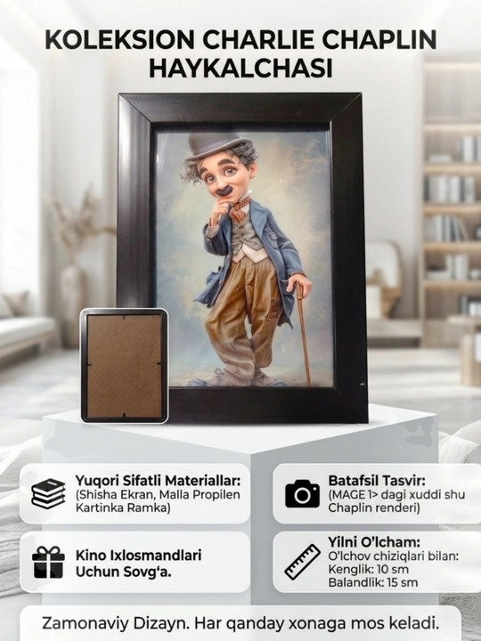 Charli Chaplin ramkali dekorativ kartina, stol usti va devor uchun - 