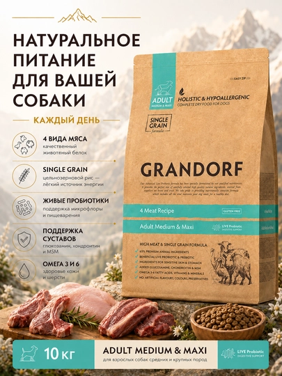 Grandorf quruq ozuqasi, 4 turdagi go‘sht, o‘rta va yirik zotli itlar uchun, 10 kg - 