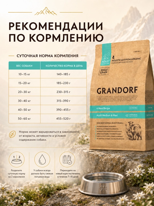 Grandorf quruq ozuqasi, 4 turdagi go‘sht, o‘rta va yirik zotli itlar uchun, 10 kg