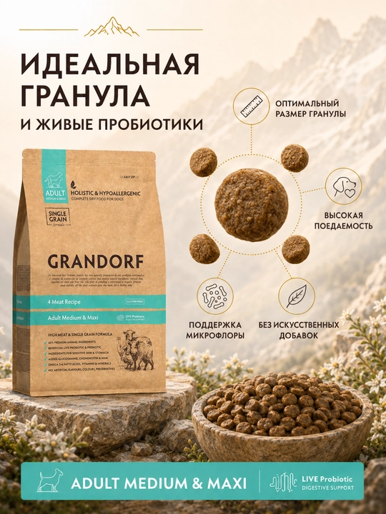 Grandorf quruq ozuqasi, 4 turdagi go‘sht, o‘rta va yirik zotli itlar uchun, 10 kg