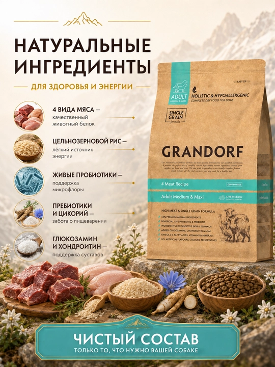 Grandorf quruq ozuqasi, 4 turdagi go‘sht, o‘rta va yirik zotli itlar uchun, 10 kg