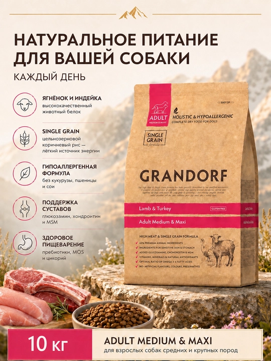Grandorf qo'y va kurka go'shti bilan quruq ovqati o'rtacha zotli itlar uchun, 10 kg - 
