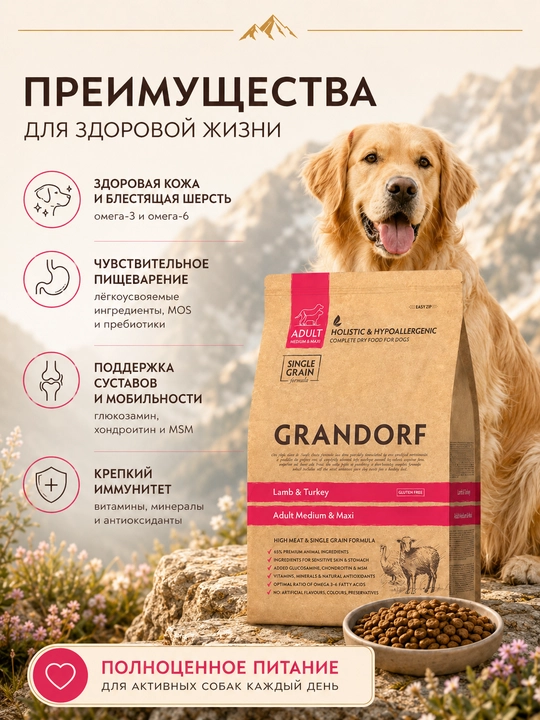 Grandorf qo'y va kurka go'shti bilan quruq ovqati o'rtacha zotli itlar uchun, 10 kg