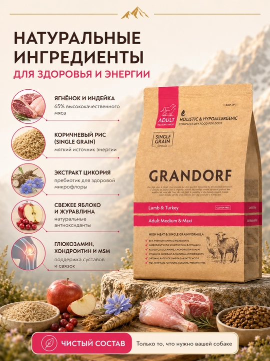 Grandorf qo'y va kurka go'shti bilan quruq ovqati o'rtacha zotli itlar uchun, 10 kg