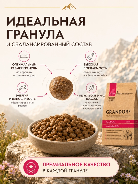 Grandorf qo'y va kurka go'shti bilan quruq ovqati o'rtacha zotli itlar uchun, 10 kg