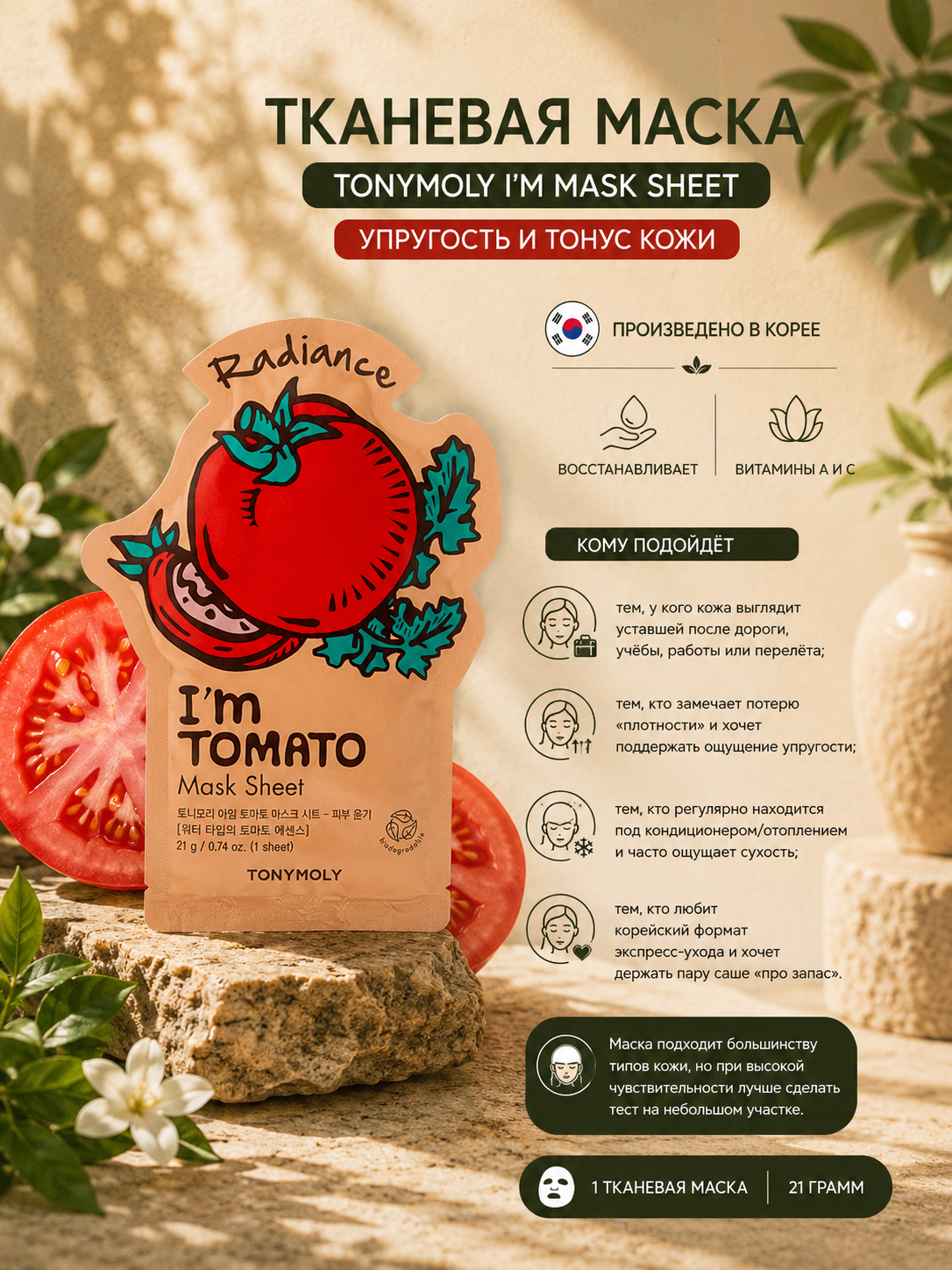 Yuz uchun matoli niqob Tony Moly I’m Mask Sheet, 21 g, yuz uchun, elastiklik va tonus - 