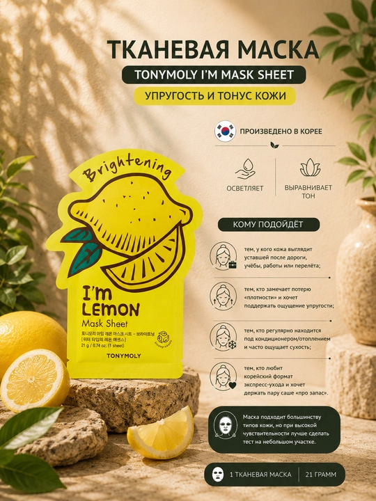 Yuz uchun matoli niqob Tony Moly I’m Mask Sheet, 21 g, yuz uchun, elastiklik va tonus - 