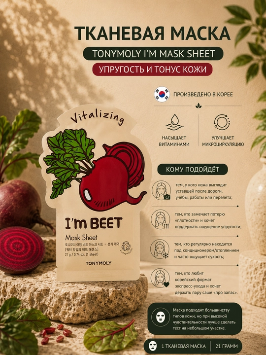 Yuz uchun matoli niqob Tony Moly I’m Mask Sheet, 21 g, yuz uchun, elastiklik va tonus - 