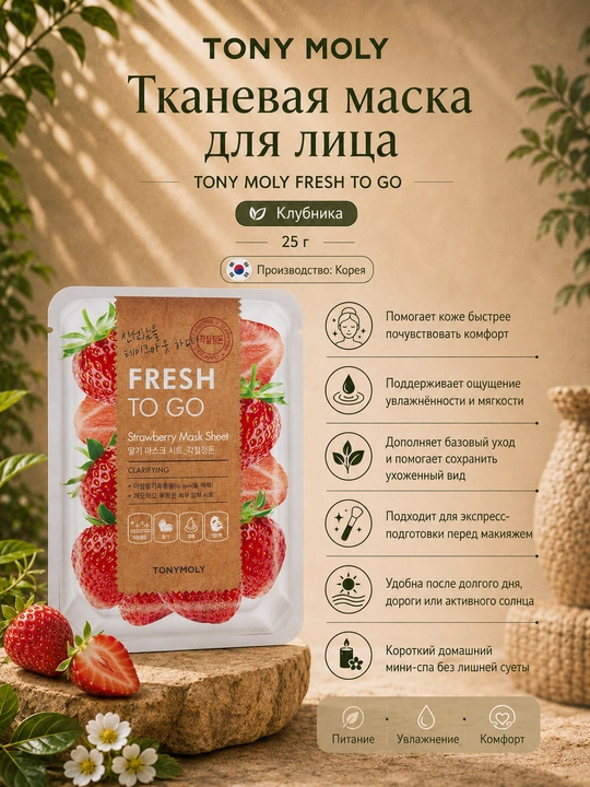 Matoli yuz niqobi TONY MOLY FRESH TO GO 25g, namlantirish, tekstura, Koreys parvarishi - 