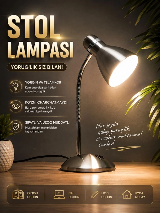 Stol lampasi metall, egiluvchan, o‘qish, dars va ish stoli uchun kumushrang - 