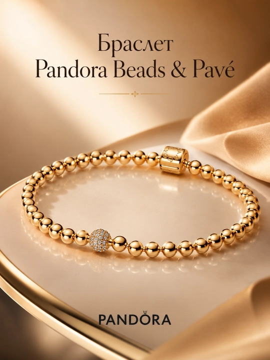 Браслет Pandora Beads & Pavé с золотистыми бусинами и сияющей вставкой 568342C01 - 