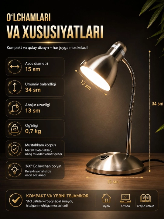 Stol lampasi metall, egiluvchan, o‘qish, dars va ish stoli uchun kumushrang