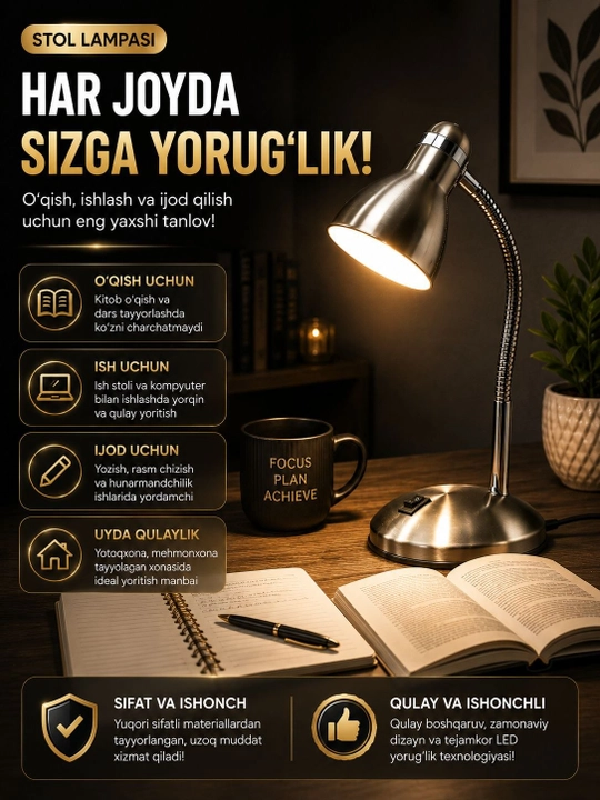 Stol lampasi metall, egiluvchan, o‘qish, dars va ish stoli uchun kumushrang