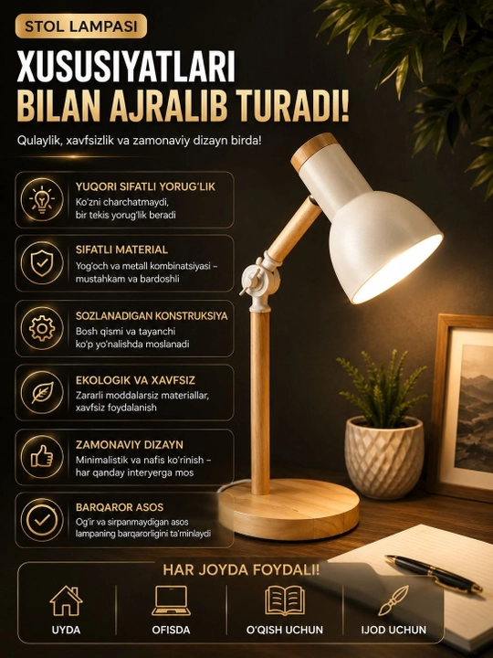 Stol lampasi metall, egiluvchan, o‘qish, dars va ish stoli uchun kumushrang
