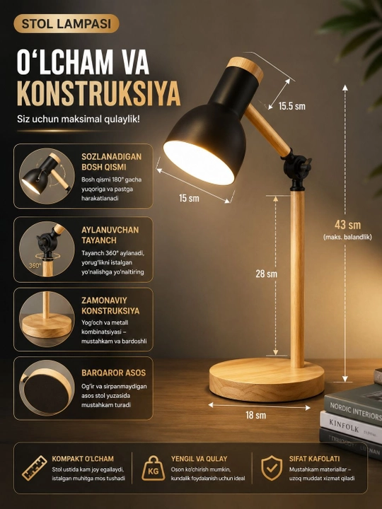 Stol lampasi metall, egiluvchan, o‘qish, dars va ish stoli uchun kumushrang