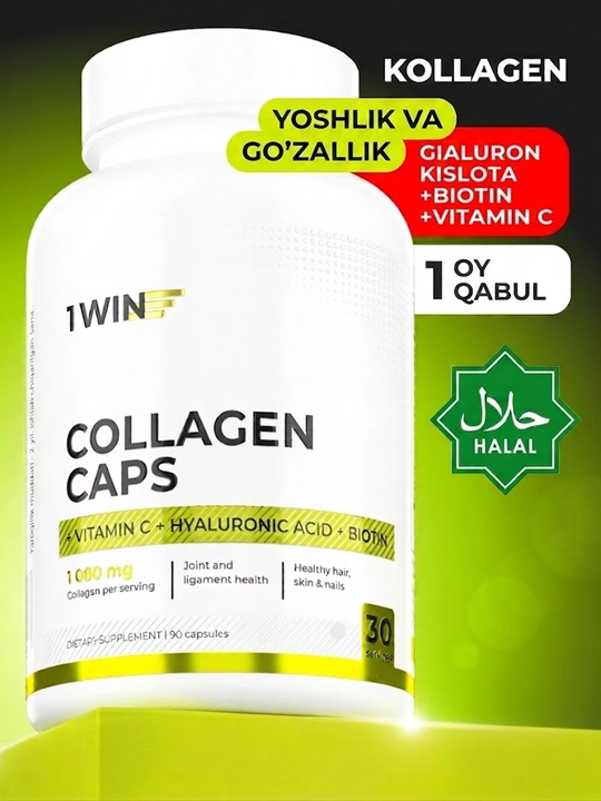 Kollagen Gialuron kislotasi va biotinli kapsulalarda bo'g'imlar uchun, 1Win - 