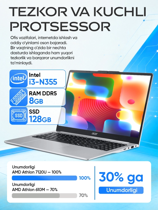 НОУТБУК ACER ASPIRE GO 15 DDR5 8 GB I3-N355  128GB SSD 15,6 FHD IPS