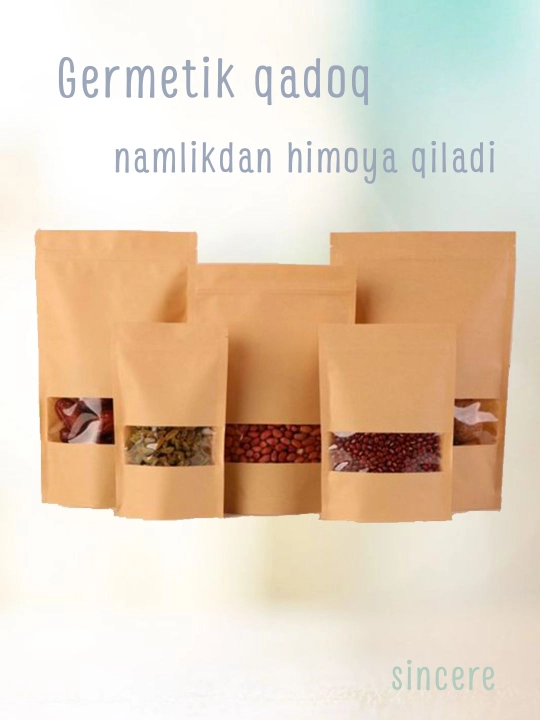 Doy Pak kraft qadoqlash paketlari, Zip Lock qulfli, oynali, 50dona