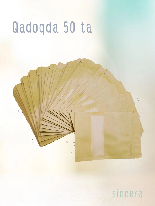 Doy Pak kraft qadoqlash paketlari, Zip Lock qulfli, oynali, 50dona
