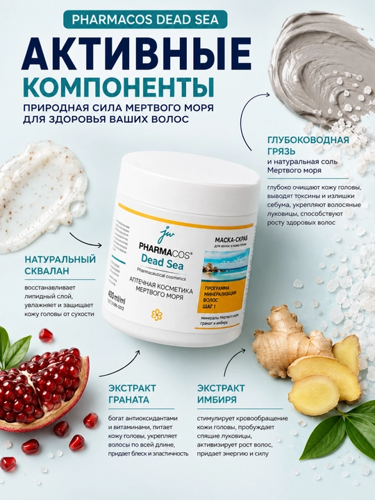 Soch va bosh terisi uchun PHARMACOS DEAD SEA niqob-skrabi, 400 ml, Viteks