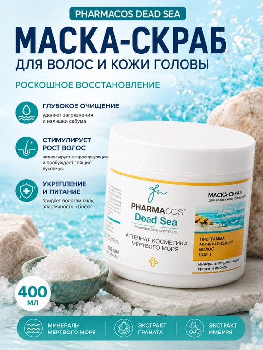 Маска-скраб PHARMACOS DEAD SEA для волос и кожи головы, 400мл, Витэкс - 